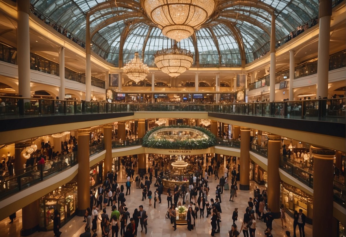 A bustling crowd fills the grand atrium of Harrods Singapore, adorned with May's Magnificent Promotions banners and displays. Bright lights and luxurious merchandise create an atmosphere of excitement and elegance