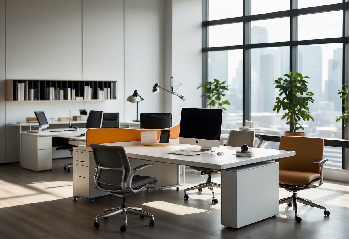 A sleek, modern office setting with Herman Miller furniture on display, featuring clean lines, ergonomic designs, and a professional atmosphere
