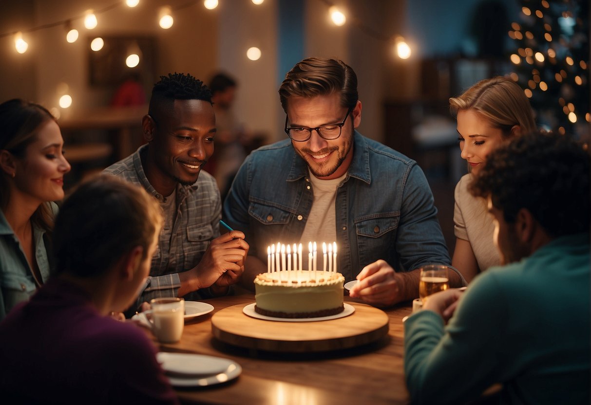 A person sits at a table with a birthday cake, surrounded by friends and family. They hold a pen and journal, reflecting on the past year and looking forward to the future