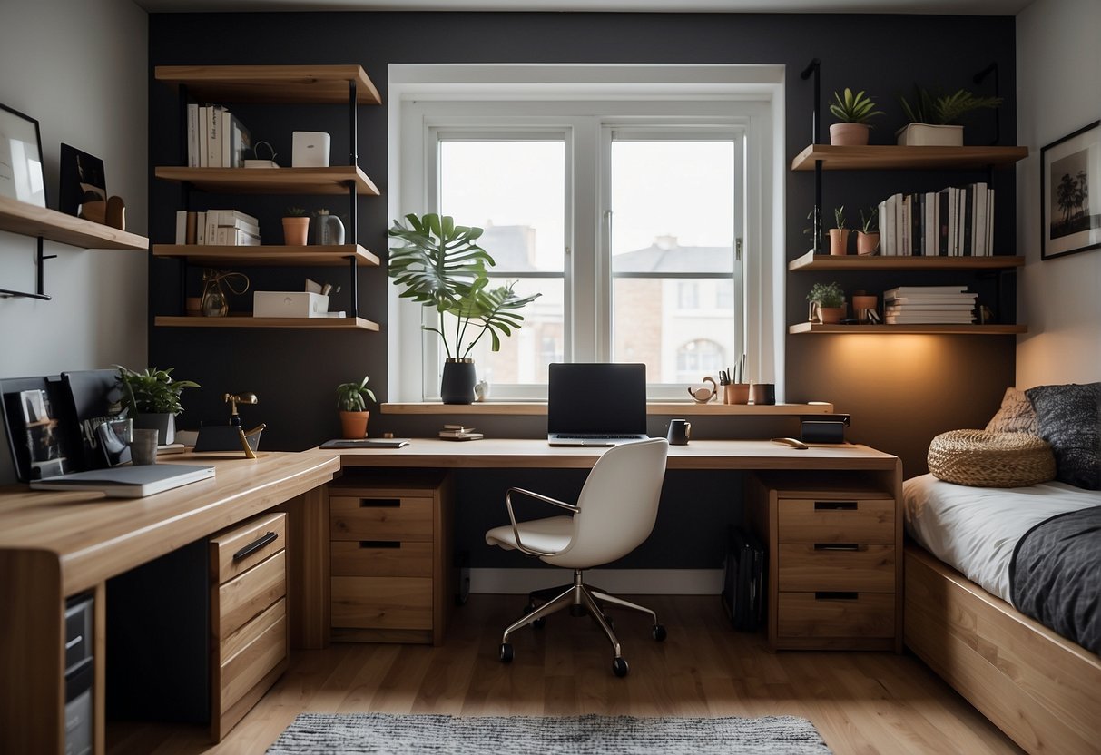 A tidy bedroom with minimal decor, organized shelves, and a neatly made bed. A desk with a laptop and a few masculine accents like leather and metal decor