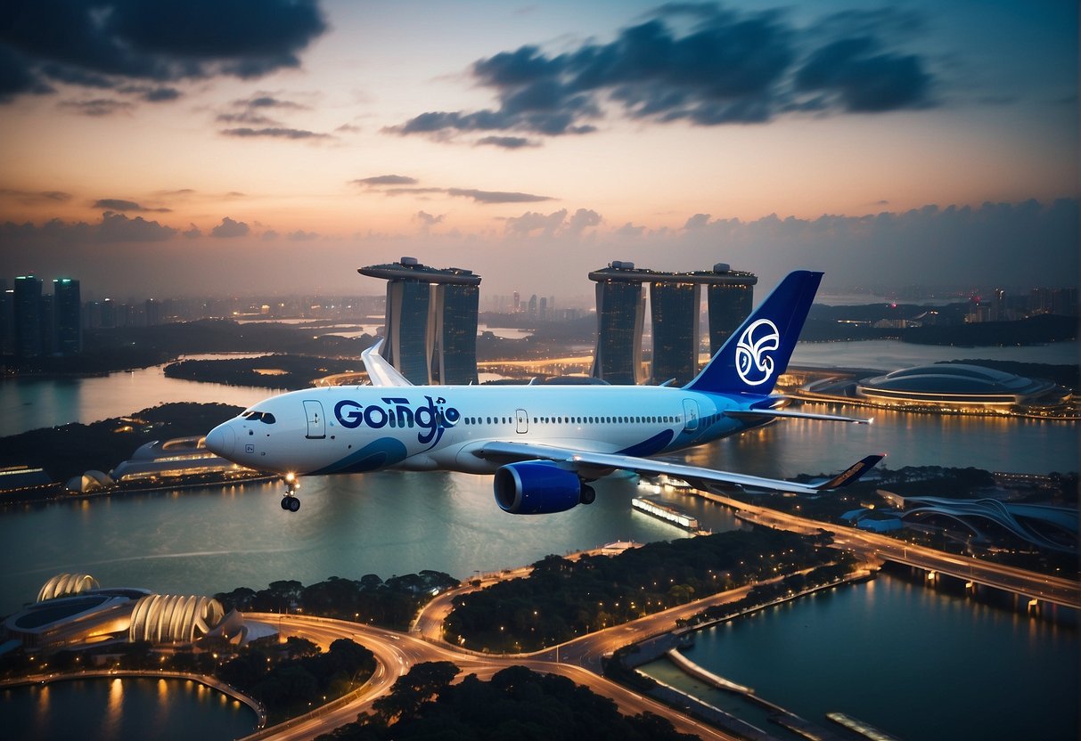A vibrant airplane with the GoIndigo logo flying over the iconic Singapore skyline, with the Marina Bay Sands and the Singapore Flyer in the background