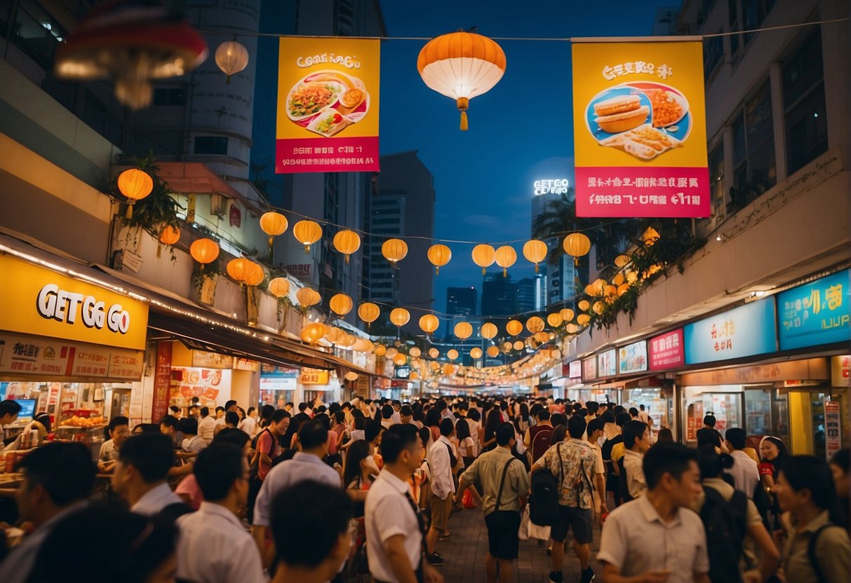A bustling street in Singapore, with colorful banners and signs promoting Getgo promotions. Bright lights and a lively atmosphere fill the scene