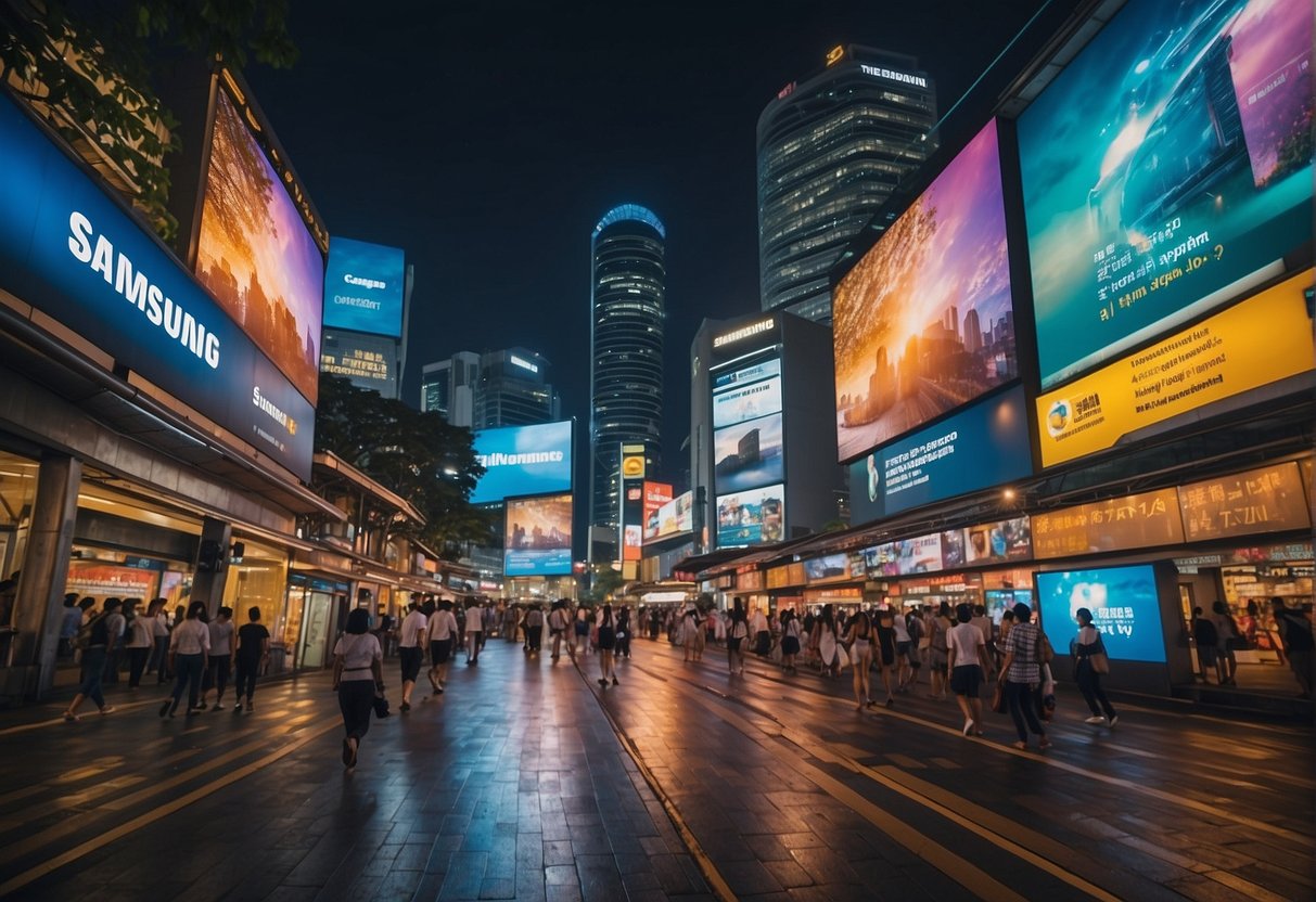 A bustling city street in Singapore adorned with Samsung promotional banners and displays. Bright lights and vibrant colors draw in passersby