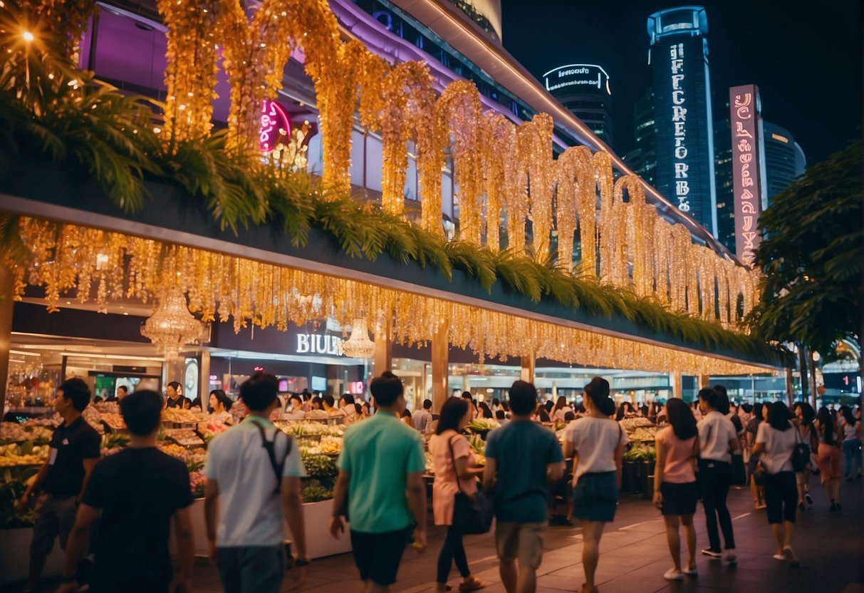 The bustling streets of Singapore are adorned with colorful banners and signs promoting June's Jubilant Offers at Harrods. Bright lights and excited shoppers create a lively atmosphere