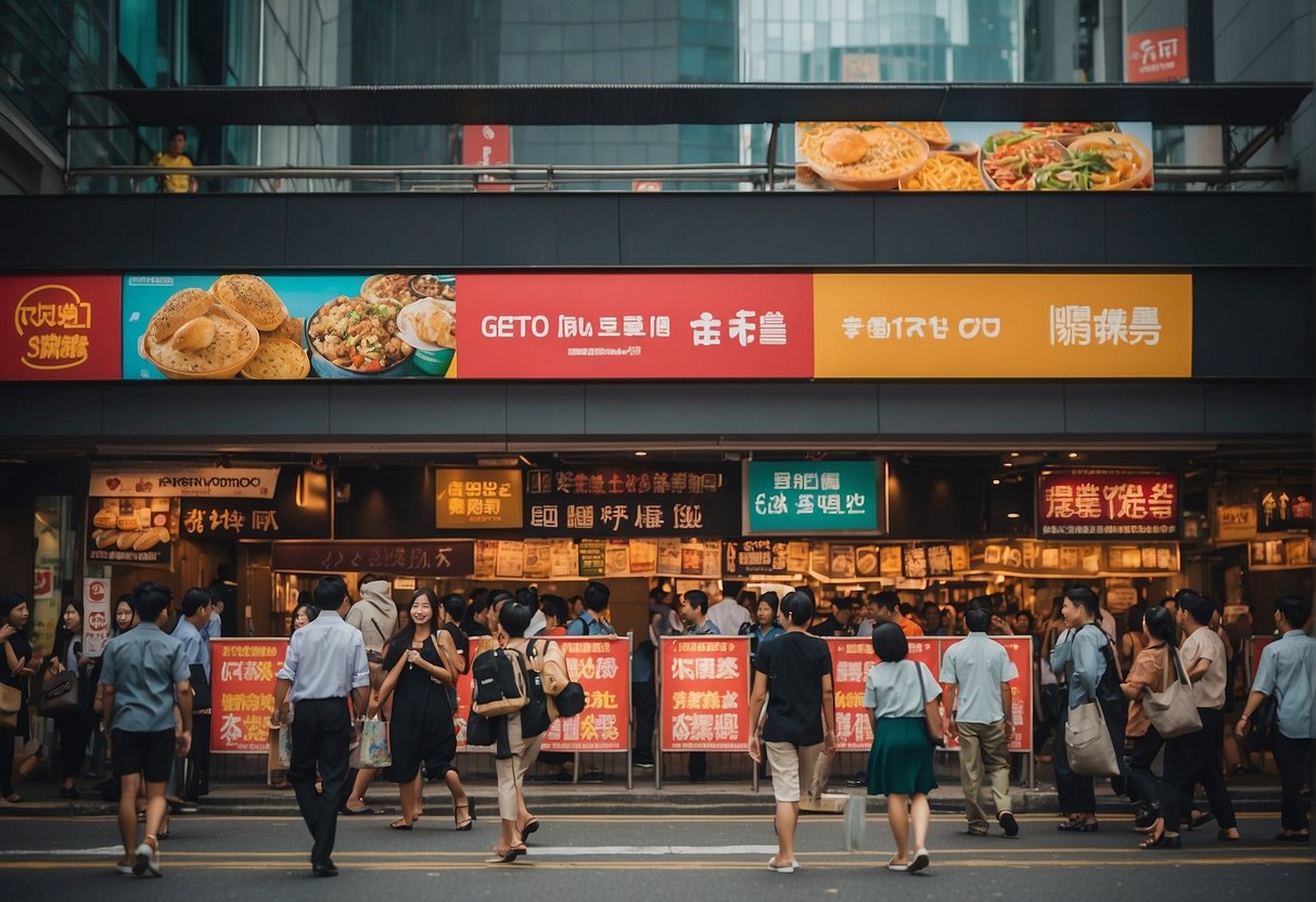 Vibrant banners and signs adorn a bustling city street, announcing the arrival of exciting promotions in 2024 by GetGo Promotions Singapore