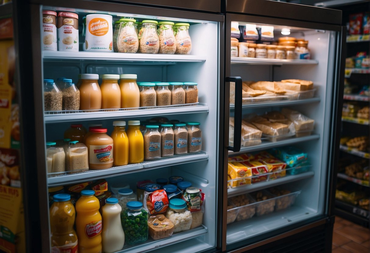 A fridge filled with various food items, adorned with promotional stickers and signs, displayed in a supermarket in Singapore