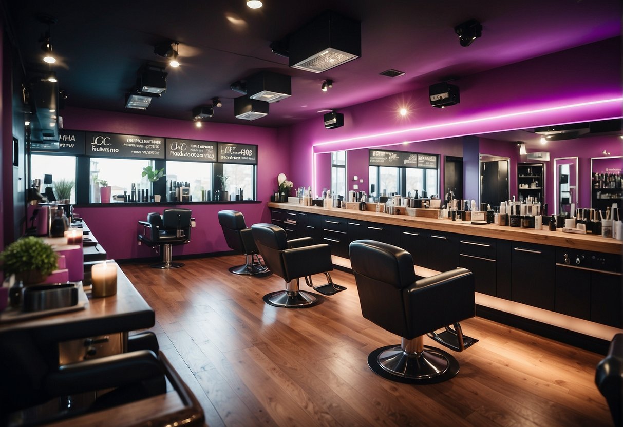 A vibrant salon setting with promotional banners and excited customers. Hair products and tools are prominently displayed