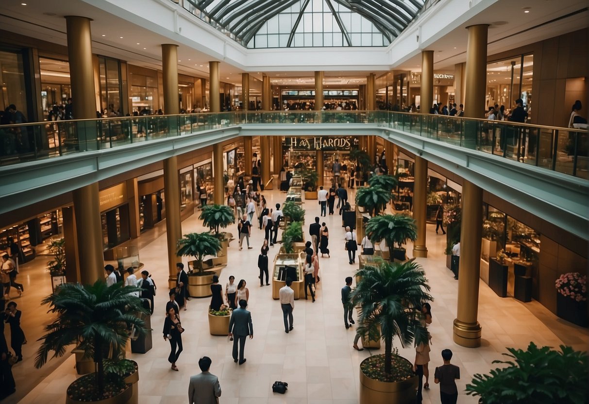 A bustling Harrods store in Singapore with promotional displays and a crowd of customers seeking answers to their frequently asked questions