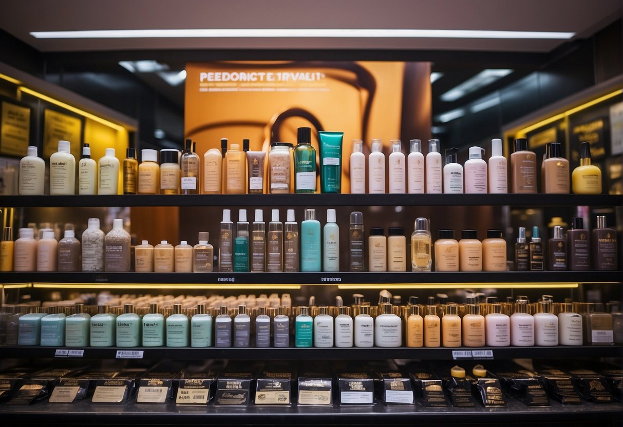 A vibrant display of hair treatment products with eye-catching promotional signs, showcasing the best deals on hair rebonding in Singapore