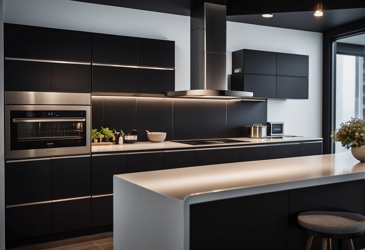 A modern kitchen with sleek appliances on display, featuring prominent fridge promotions in Singapore