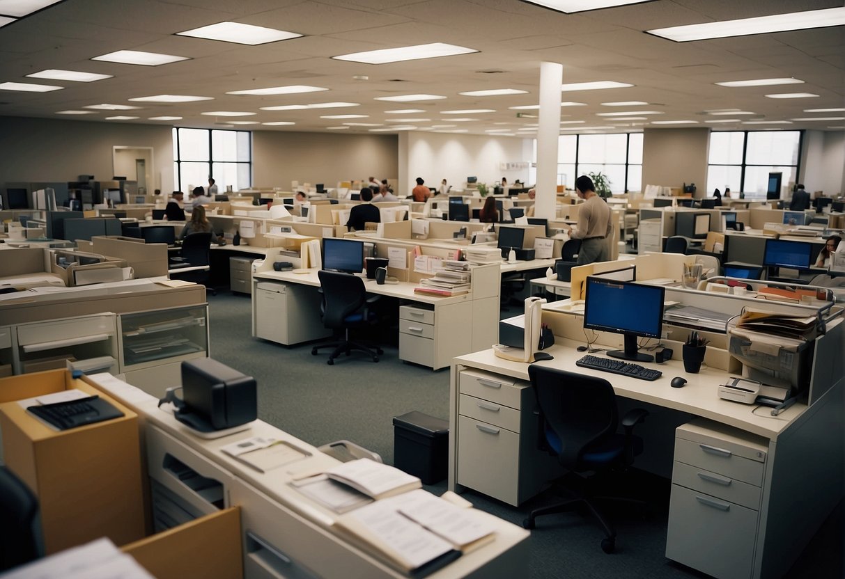 A crowded office with Herman Miller furniture on sale, people browsing, and promotional signs displayed prominently
