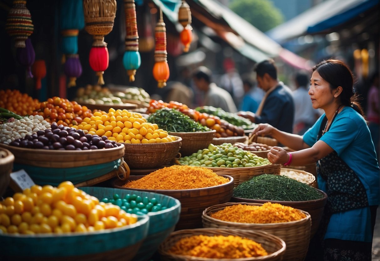 Colorful street market with vibrant displays of traditional crafts and modern goods. People from diverse cultures engage in lively exchanges