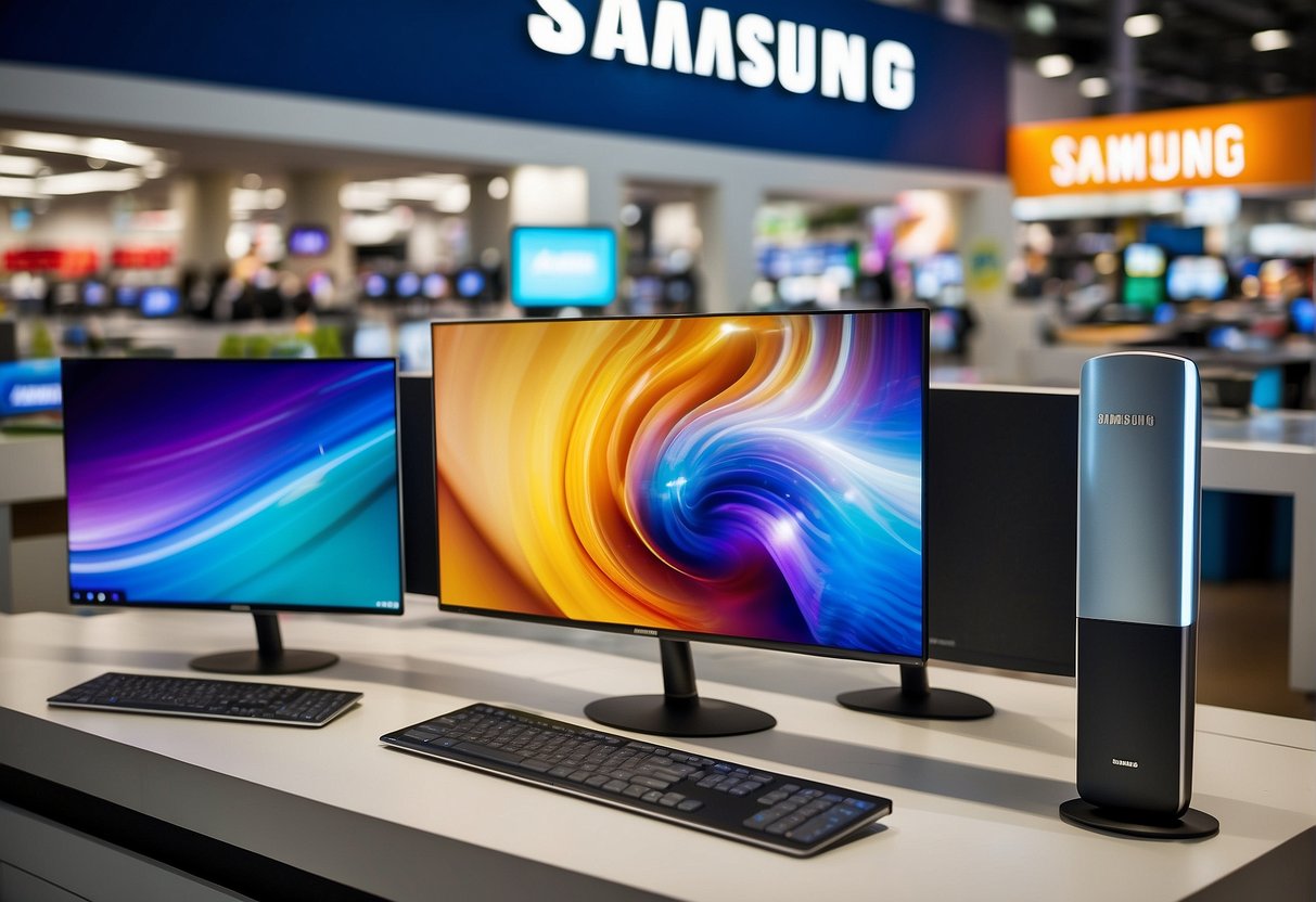 A colorful display of Samsung products with promotional signage in a bustling Singaporean electronics store