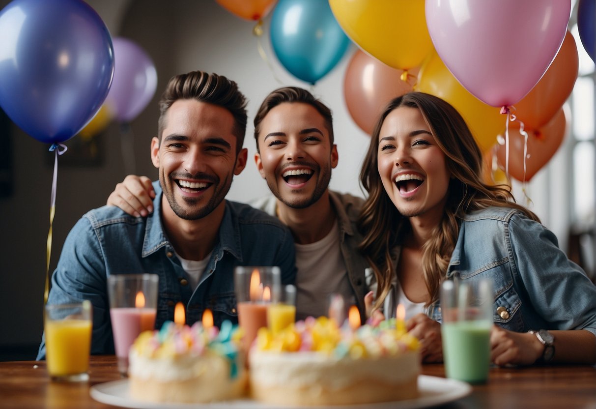 A group of friends gathered around a table with balloons and a birthday cake, laughing and cheering for the birthday person