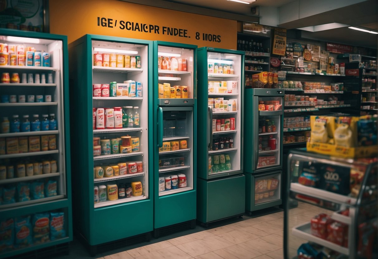 A colorful fridge surrounded by promotional signs in a Singaporean store