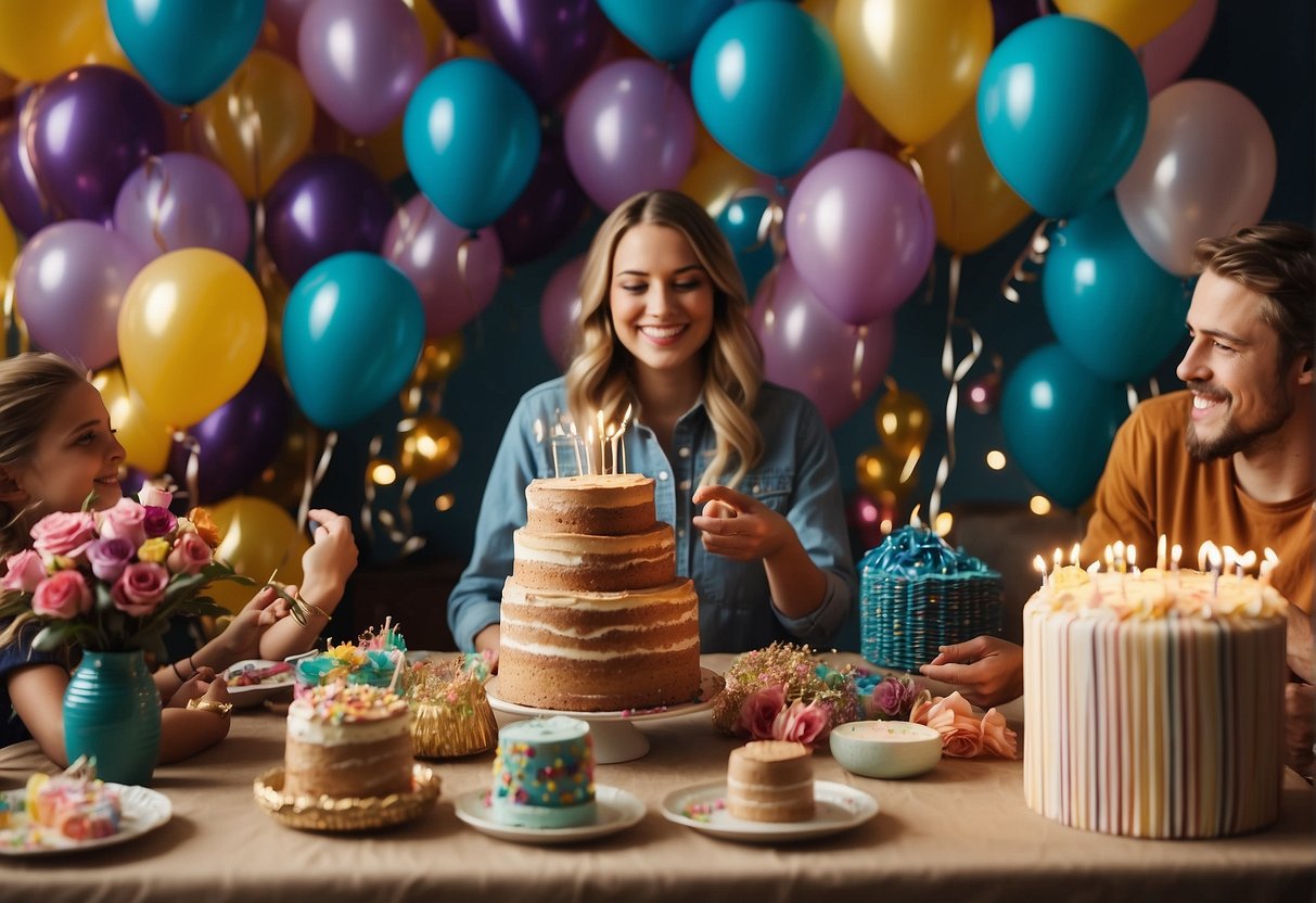 Guests gather around a table covered in party supplies. Balloons, streamers, and a birthday cake are on display. A banner reads "Happy 20th Birthday" as friends plan activities