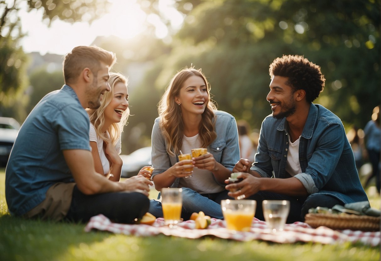 A group of friends gather in a park, playing games and having a picnic to celebrate a 20th birthday. Laughter and joy fill the air as they enjoy the sunshine and each other's company