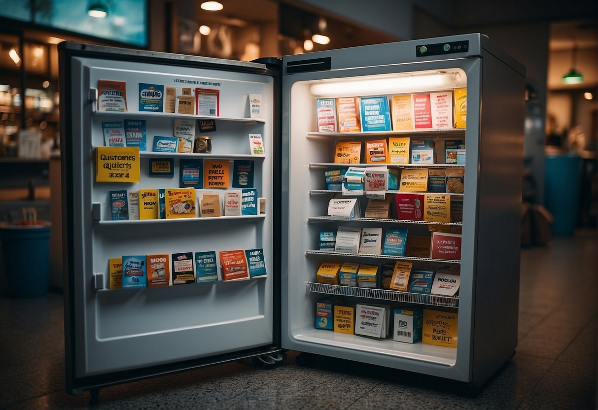 A fridge covered in promotional stickers and flyers, with a sign reading "Frequently Asked Questions" in bold letters
