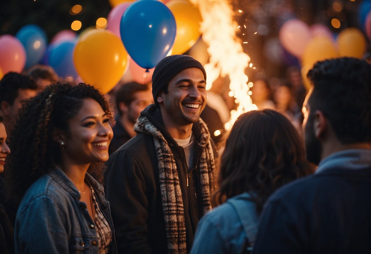 A group of people gather around a brightly lit bonfire, laughing and chatting. Streamers and balloons decorate the area, adding to the festive atmosphere. Music fills the air as everyone enjoys the 20th birthday celebrations