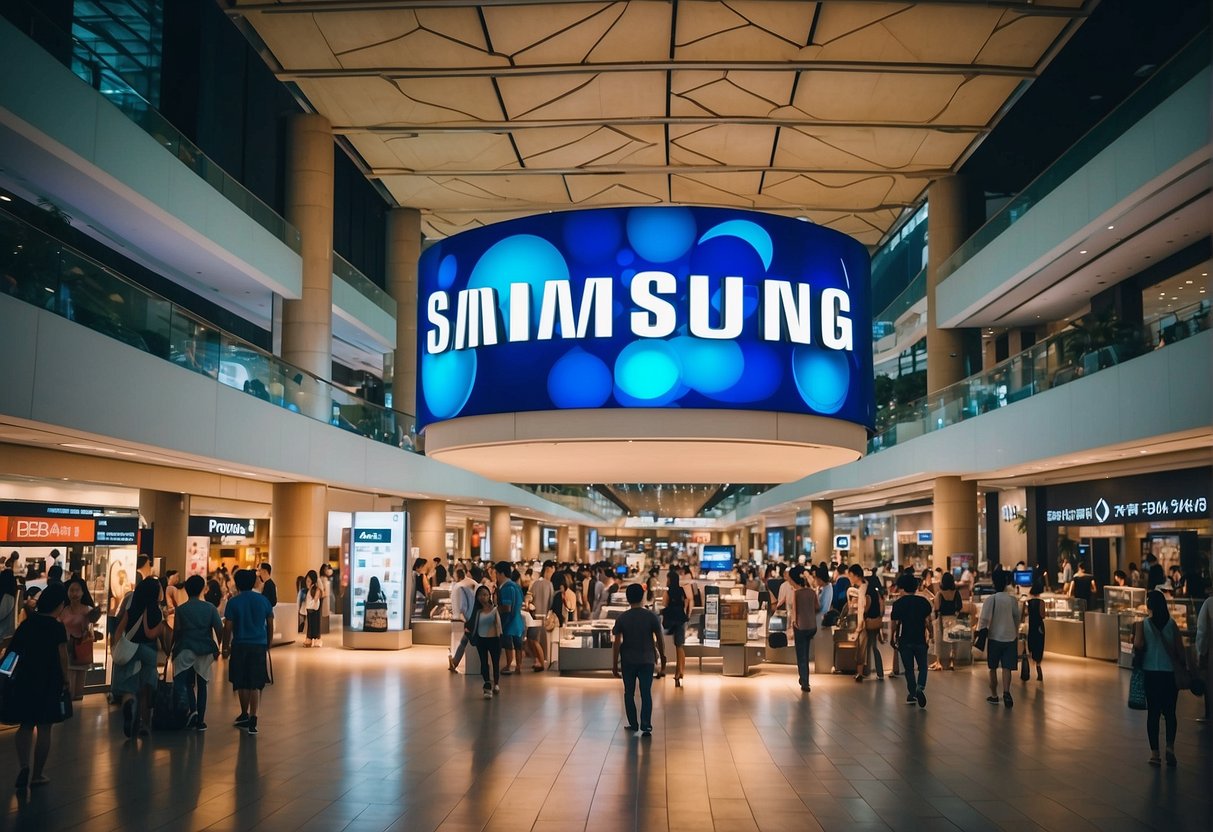 A crowded Singapore mall with prominent Samsung promotions and exclusive retail offers. Bright, colorful displays and enthusiastic shoppers
