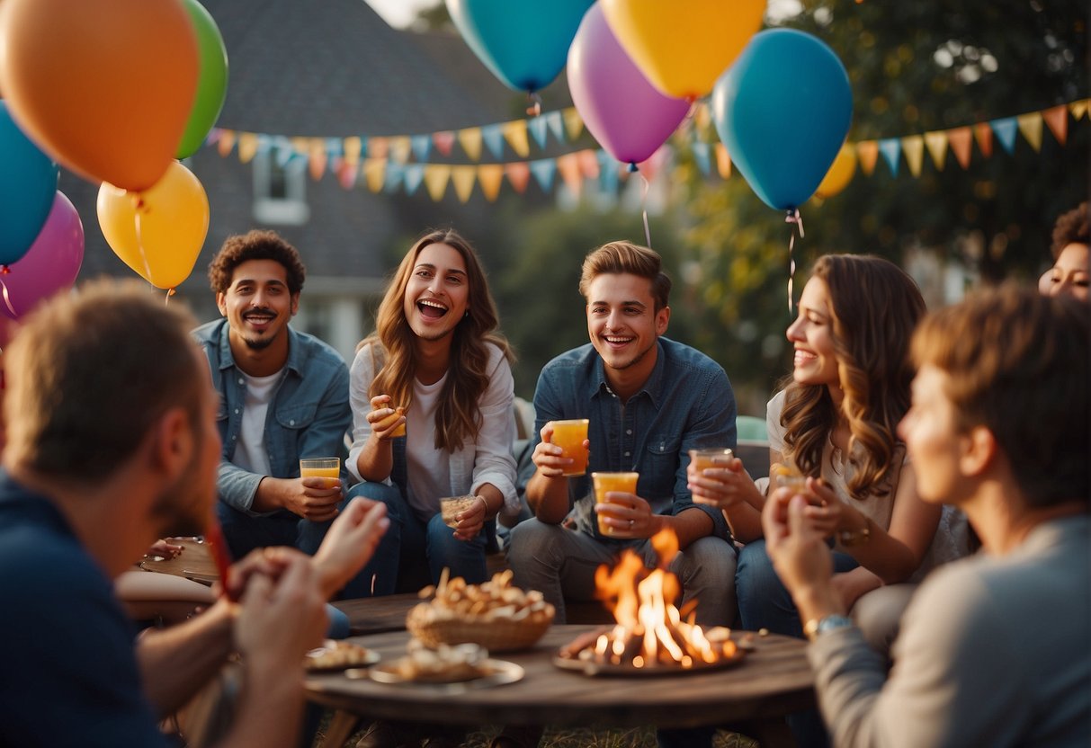 People gather around a bonfire, playing games and enjoying music. A colorful banner reads "20th Birthday" as balloons float in the air