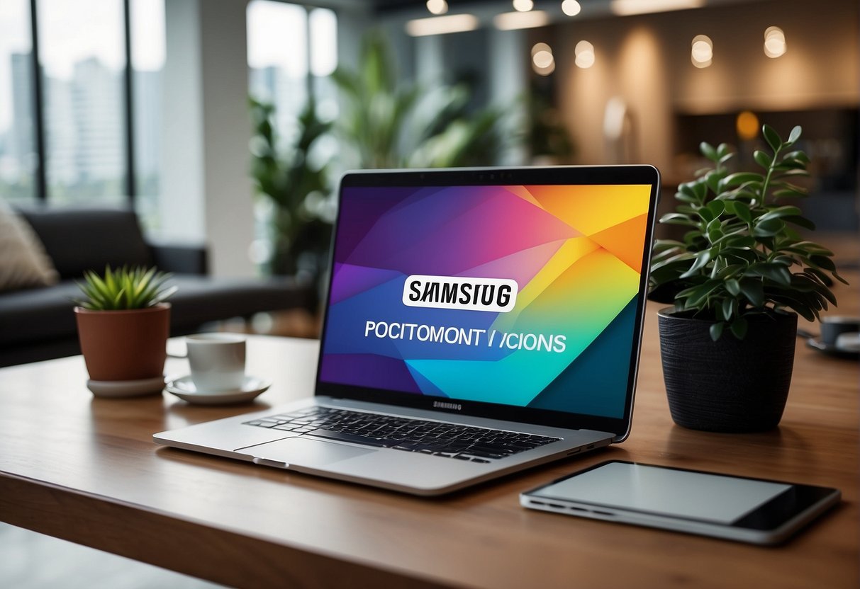 A colorful banner displaying "Frequently Asked Questions" about Samsung promotions in Singapore, surrounded by electronic devices and vibrant graphics