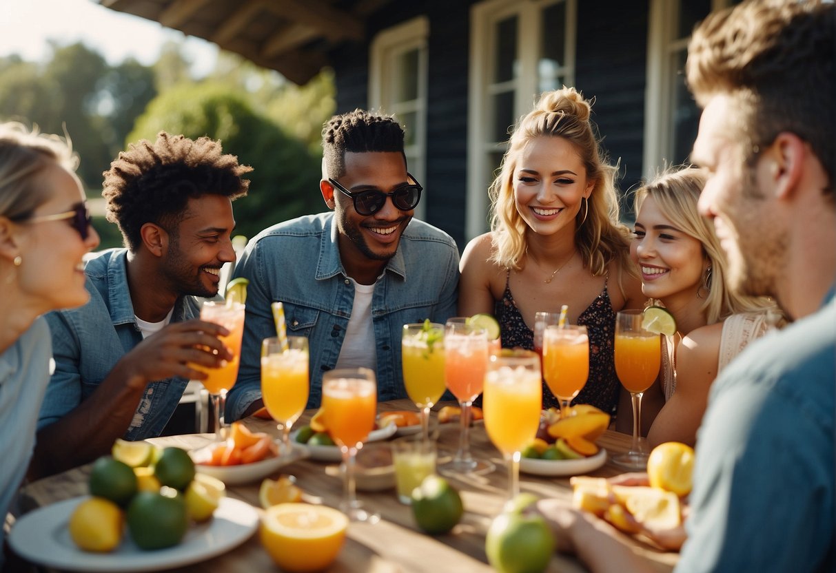 A group of friends gather around a table filled with colorful cocktails and snacks, laughing and chatting as they celebrate a 21st birthday in the bright sunshine