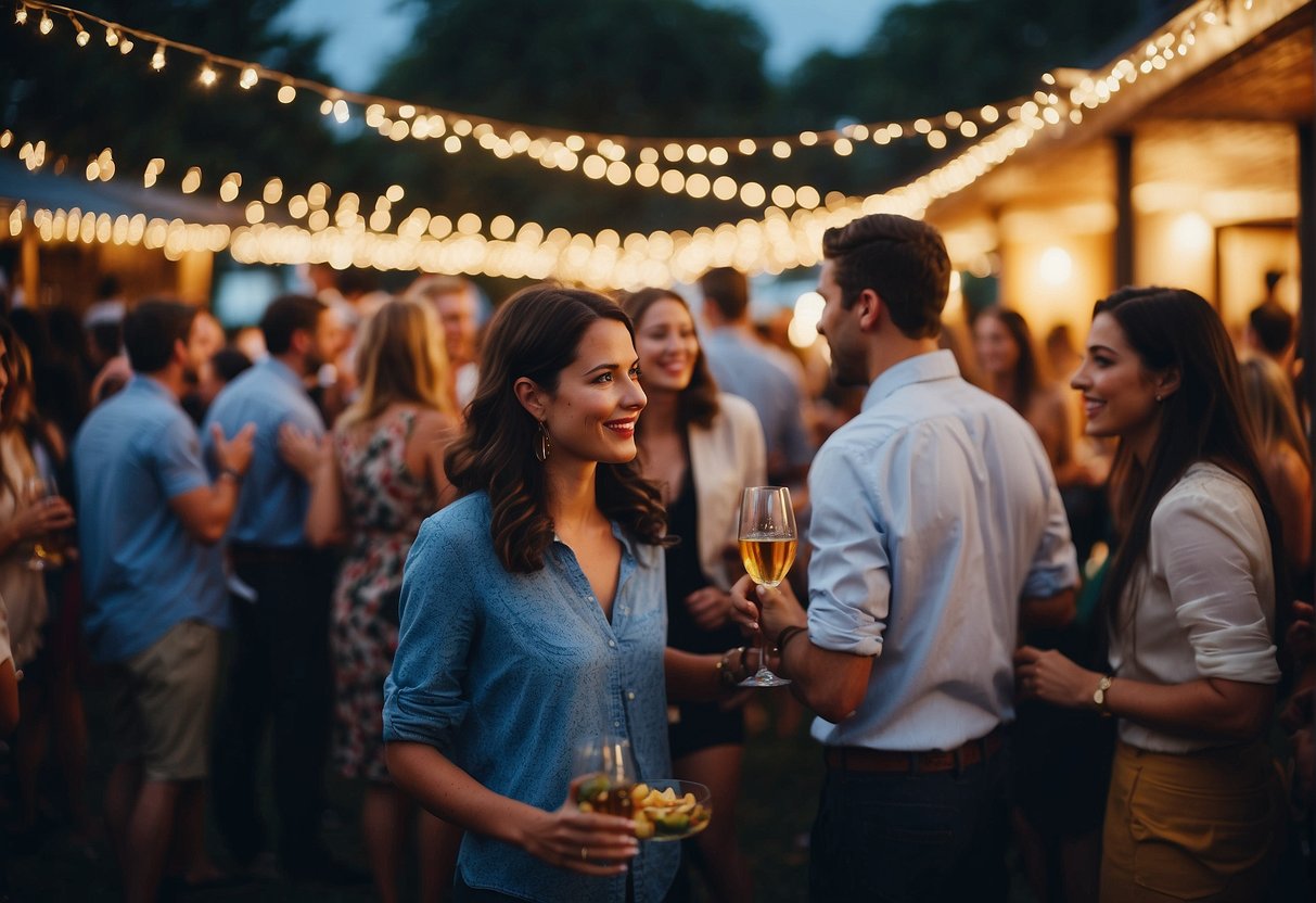 Guests mingle around a lively outdoor venue, with twinkling lights and colorful decorations. Music fills the air as people enjoy games, food, and drinks, creating a festive atmosphere for a 21st birthday celebration