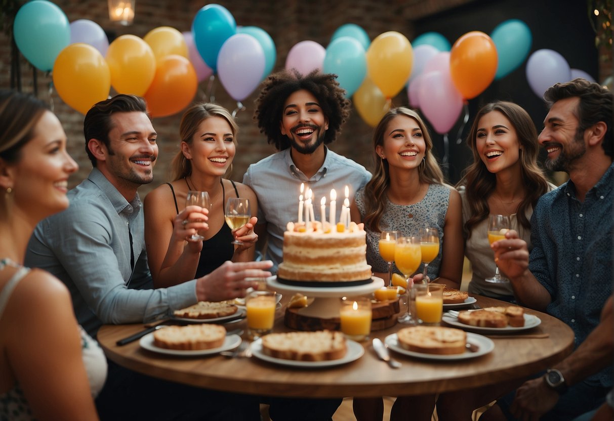 Guests toast, balloons fill the room, and a cake with "21" sits on a table. Laughter and music fill the air as friends and family celebrate