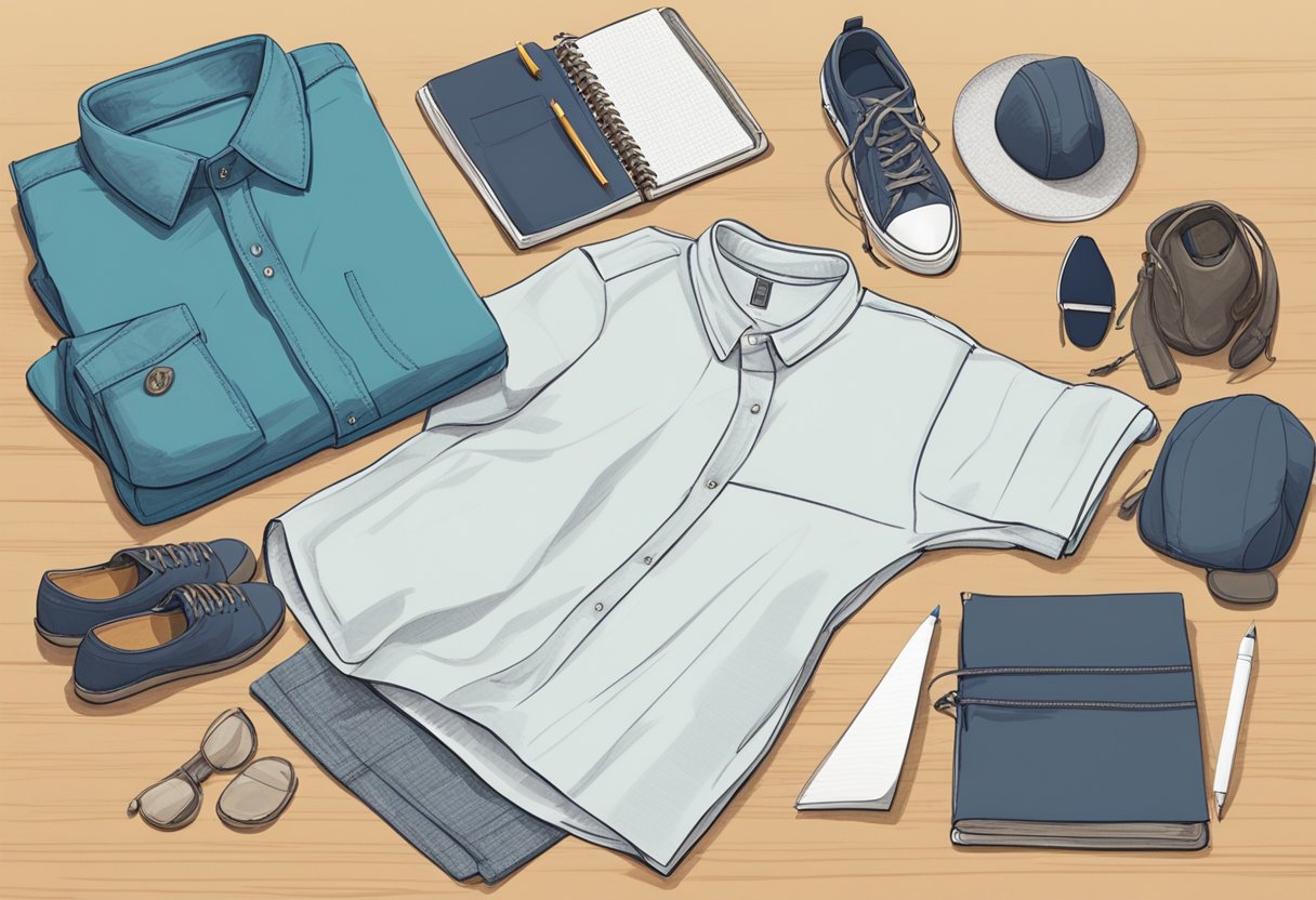A table with a sketch pad, pencils, and a variety of clothing items such as shirts, pants, and dresses laid out for reference