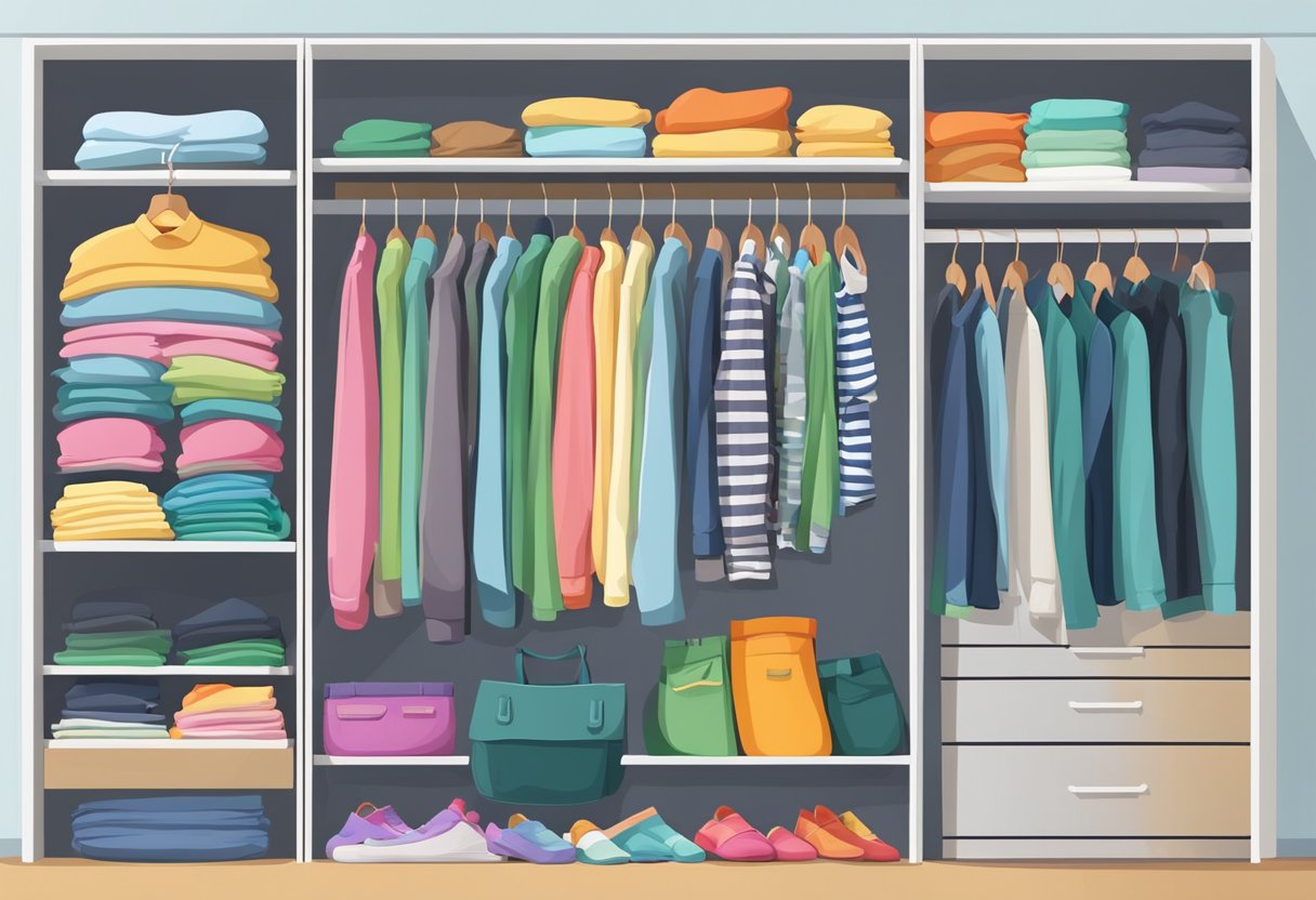 A closet filled with various types of clothes, including t-shirts, dresses, pants, and jackets, neatly organized on hangers and shelves
