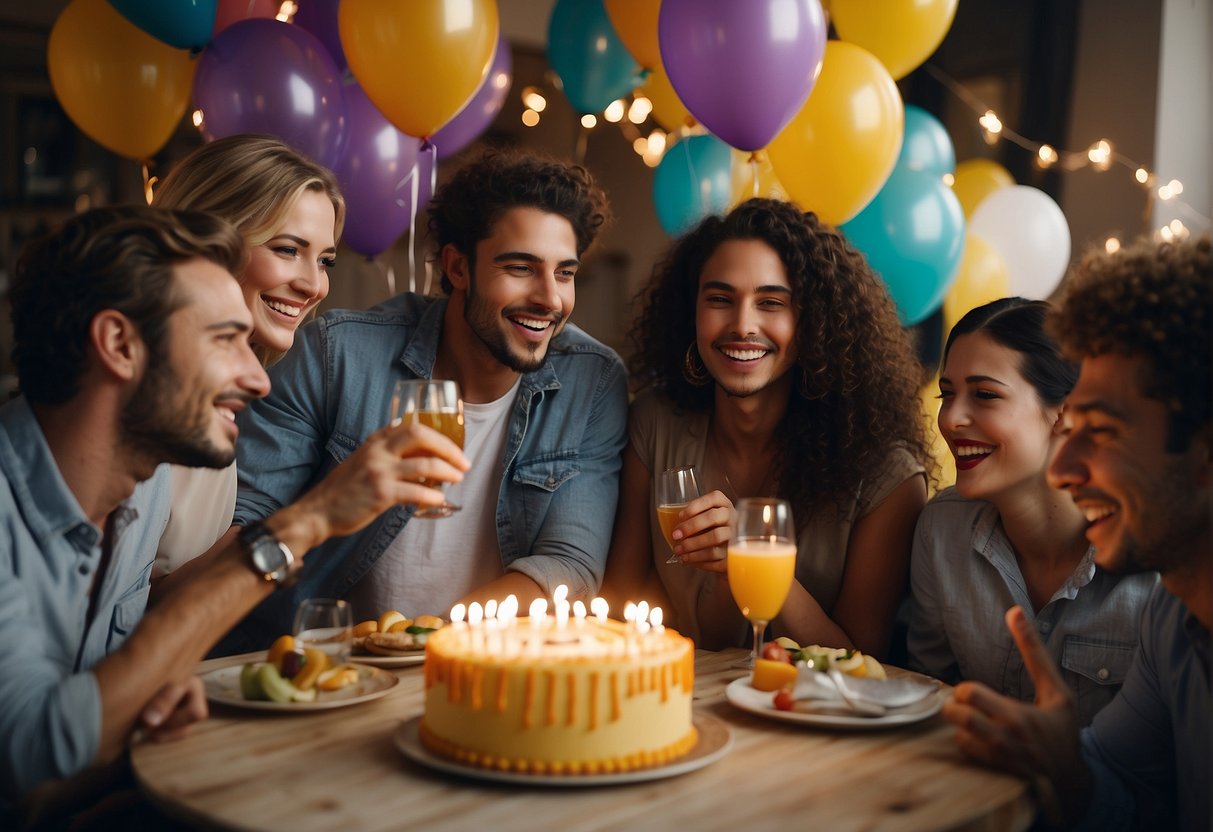 A group of friends gathered around a table, laughing and toasting with drinks. Balloons and streamers decorate the room, while a birthday cake with 22 candles sits in the center