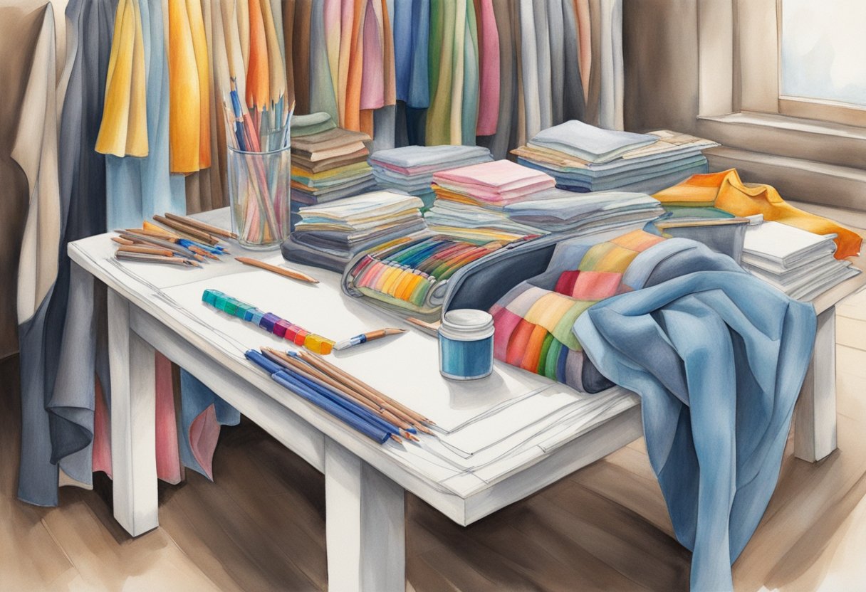 A table with various art mediums (pencils, markers, paint) and different fabrics (cotton, silk, denim) draped over it. A sketchbook with clothing designs and a mannequin for draping fabric