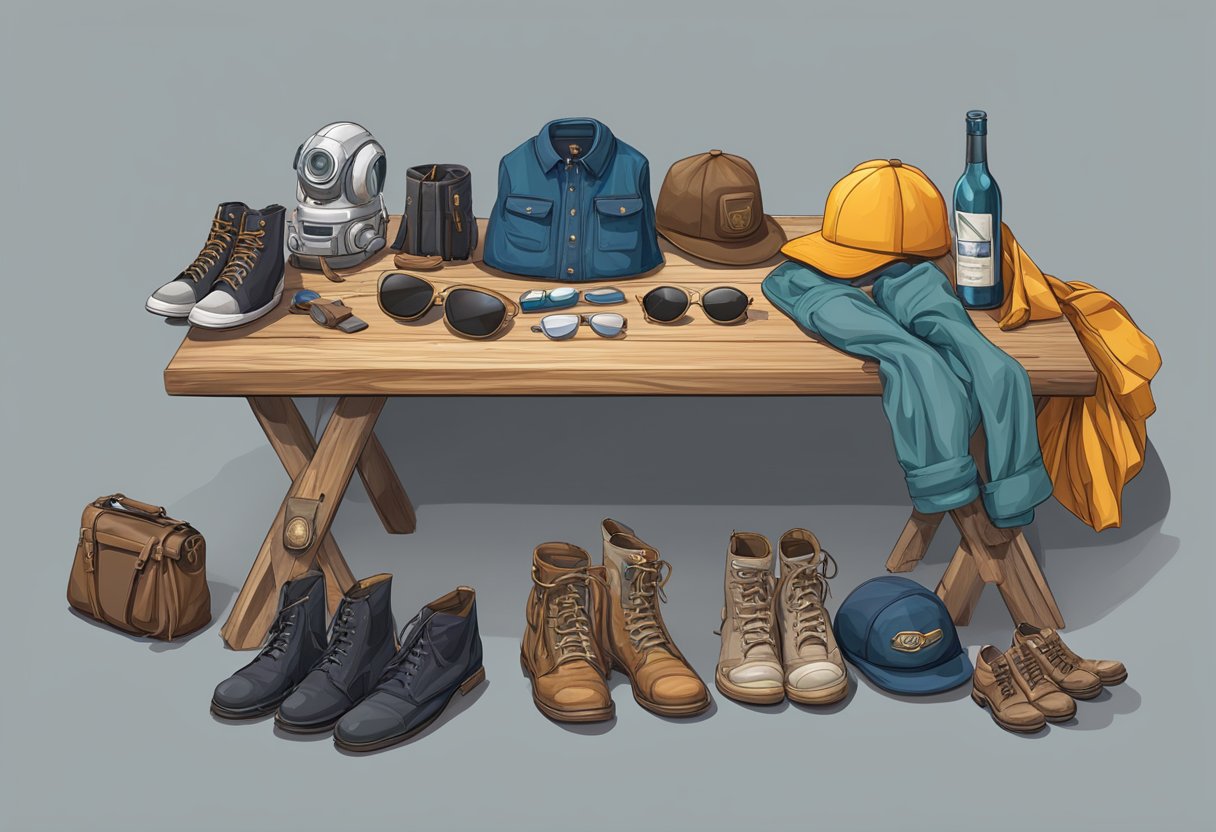 A table with various clothing items arranged for different genres: fantasy, sci-fi, historical, modern, and casual. Accessories and footwear also included