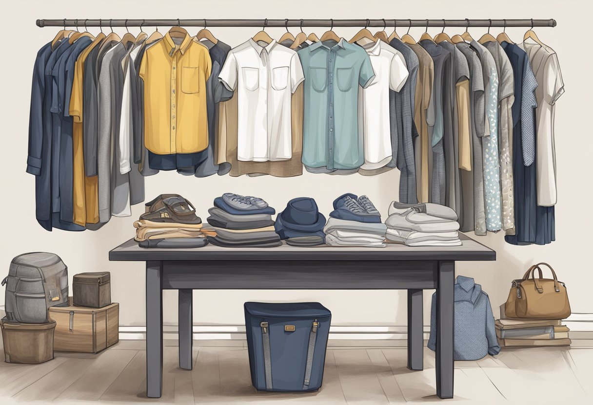 A table with various clothing items, including shirts, pants, and dresses, neatly arranged for drawing practice