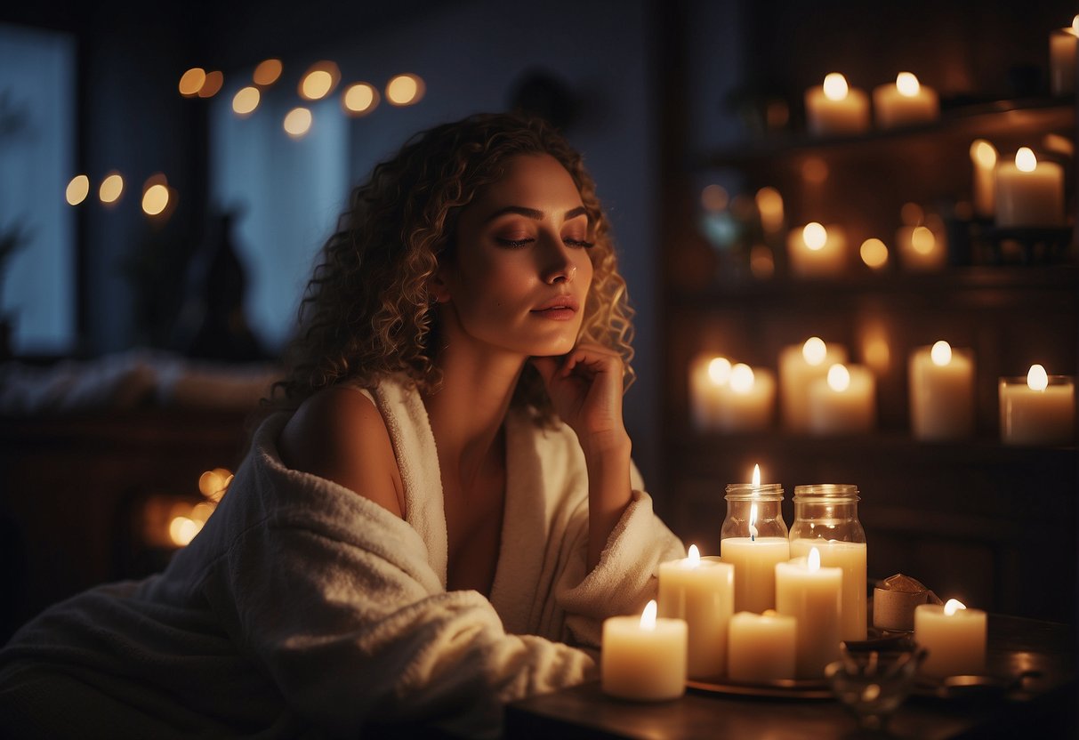 A serene figure lounges in a luxurious spa, surrounded by candles and soft music, enjoying a pampering session for their 22nd birthday