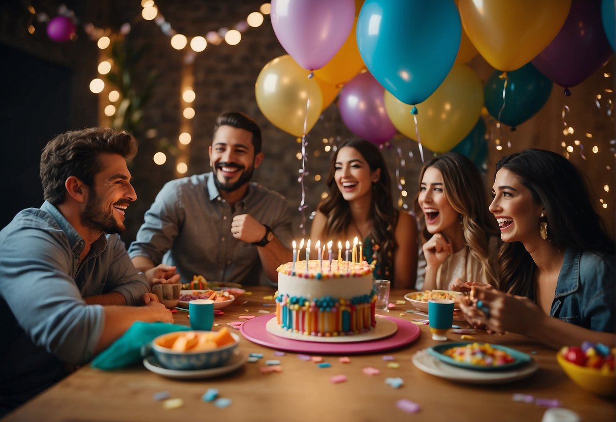 A group of friends gathered around a table filled with colorful decorations and a birthday cake. Balloons and streamers adorned the room as they laughed and celebrated