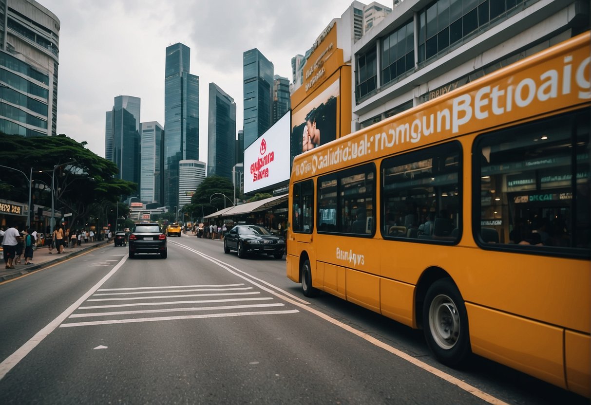 A vibrant cityscape with iconic Singapore landmarks and bustling streets, featuring Guardian promotions displayed on billboards and storefronts