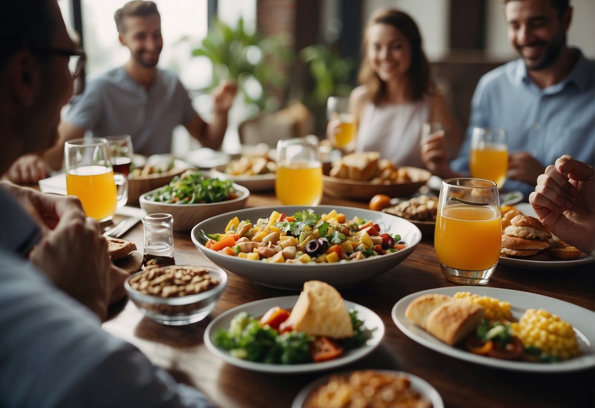 A lively dining table with a colorful spread of food and drinks, surrounded by friends engaged in conversation and laughter