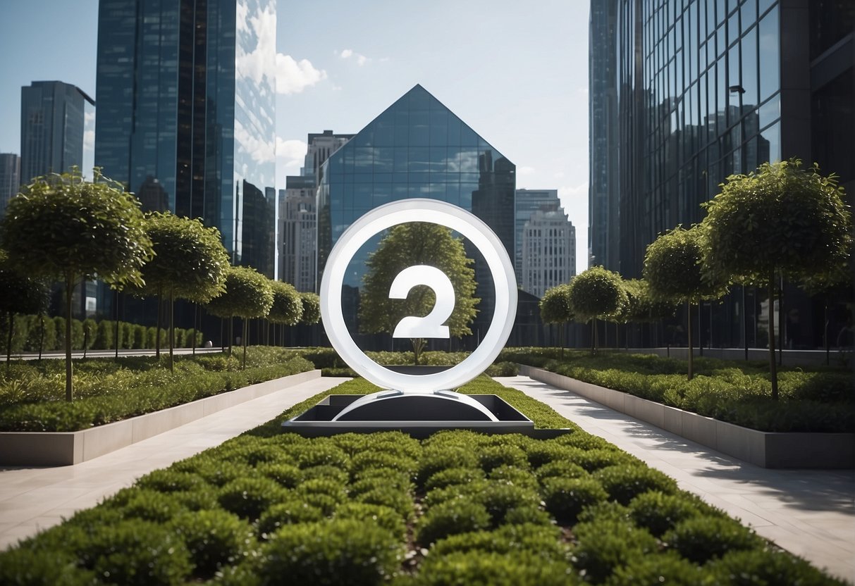 A futuristic cityscape with a prominent "2024 Health Promotions" logo on a towering building in the center, surrounded by sleek, modern architecture and greenery