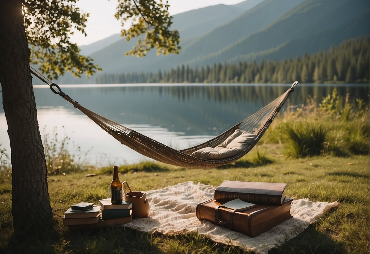 A peaceful lakeside picnic with a hammock, books, and a guitar. Surrounding trees and mountains create a serene atmosphere