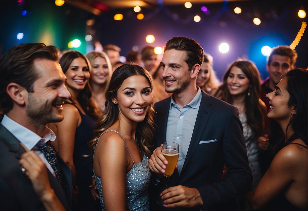 Guests mingle, music plays, and colorful lights fill the room at the 23rd birthday party. A photo booth, games, and a dance floor provide entertainment for the lively crowd