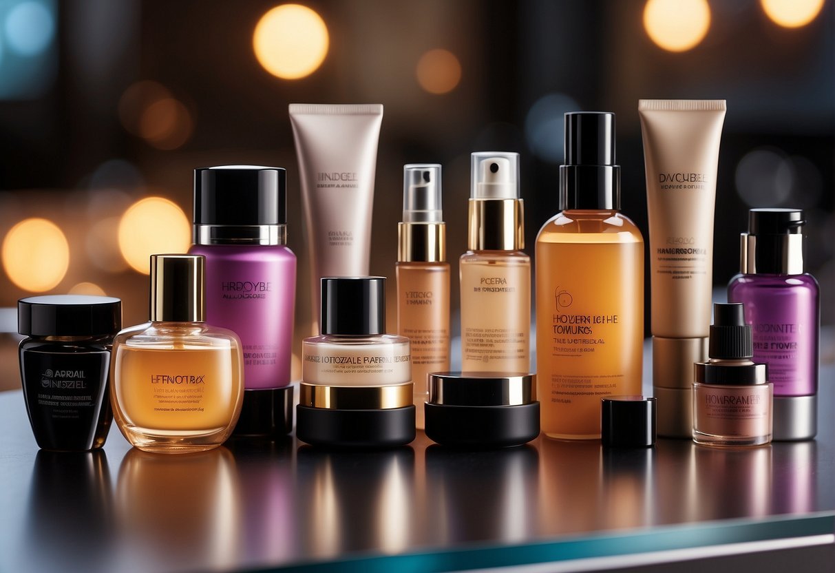 A colorful display of beauty products arranged on a table, with promotional signs and discount stickers. Bright lighting highlights the attractive packaging
