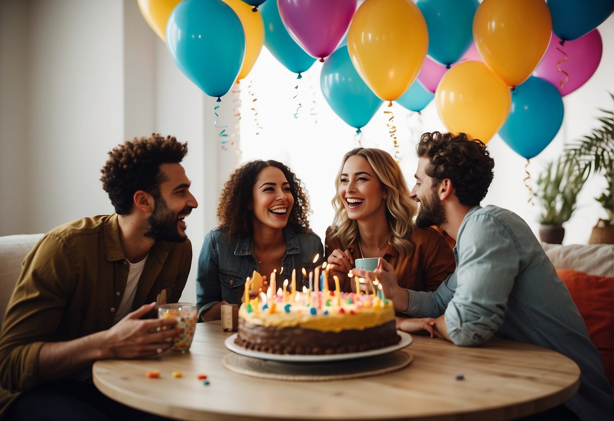 A group of friends gathered around a table filled with colorful decorations, balloons, and a cake. They are laughing and sharing stories, while some are playing party games and others are taking photos to capture the special moment