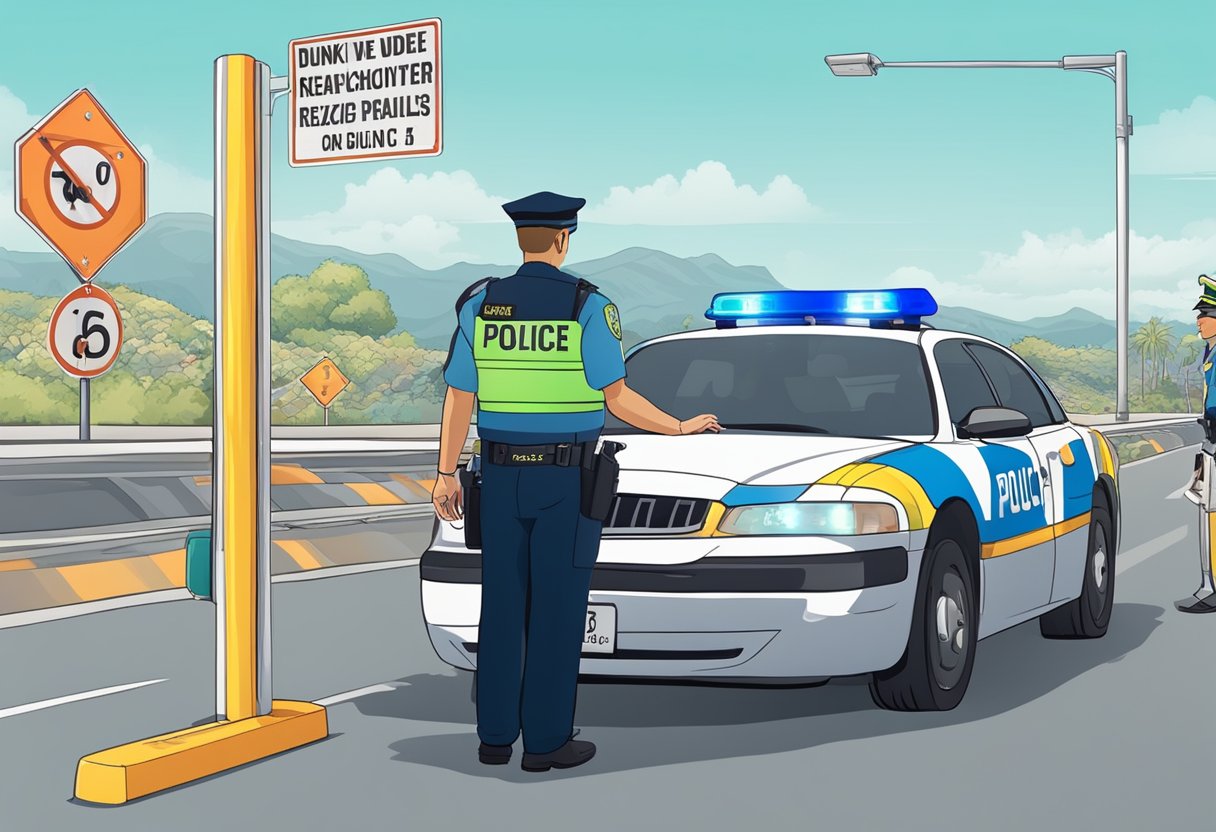 A police officer stopping a car at a checkpoint, breathalyzer test, and a sign displaying the updated penalties for drunk driving under the new 2024 "Lei Seca" law