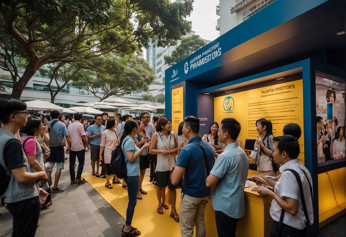 A group of people in Singapore eagerly engaging with a promotional booth labeled "Frequently Asked Questions Guardian Promotions." The booth is brightly colored and surrounded by curious onlookers