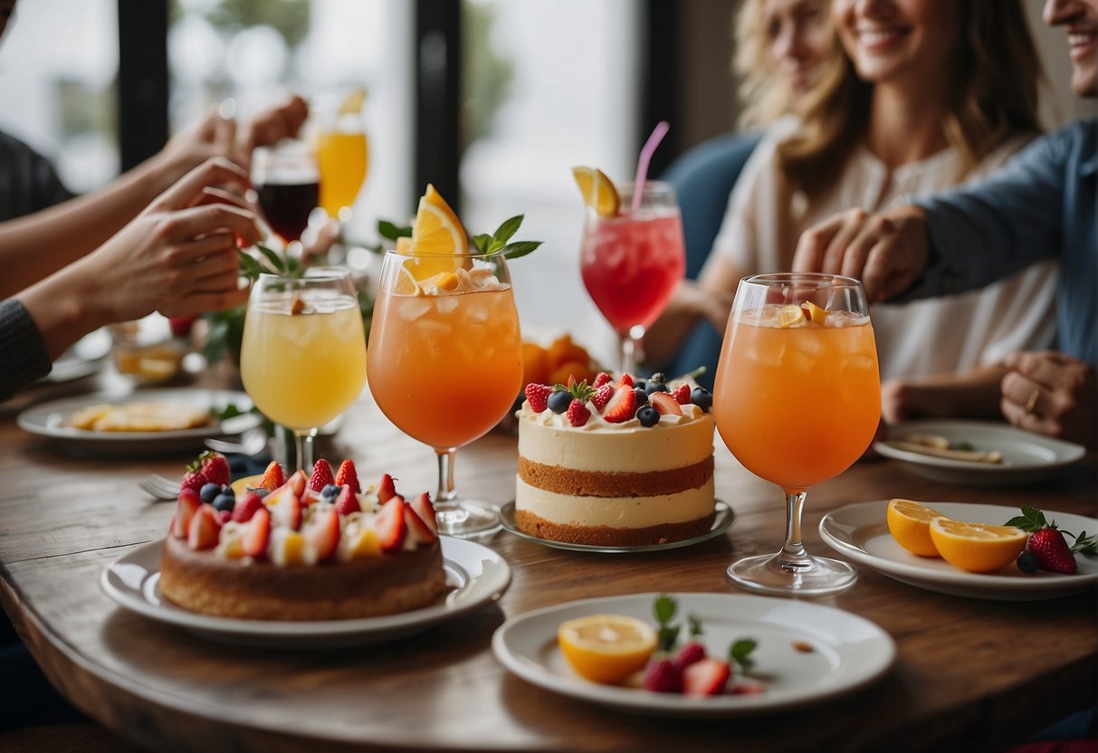 A table set with colorful cocktails and a birthday cake surrounded by friends laughing and toasting