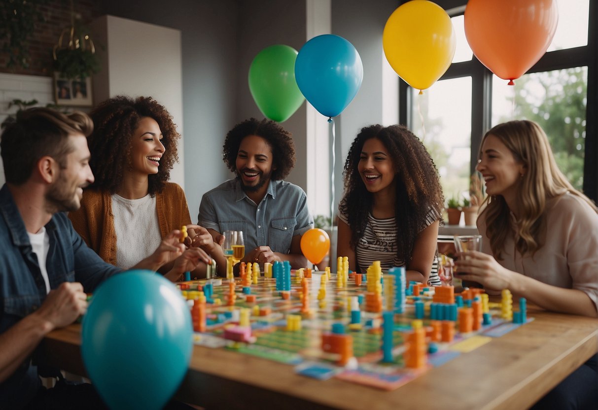 A group of friends gather around a table filled with board games and party favors. Balloons and streamers decorate the room as laughter and music fill the air