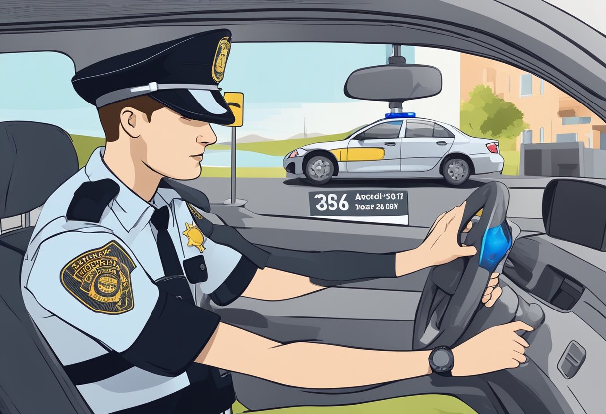 The scene depicts a police officer administering a breathalyzer test to a driver at a checkpoint, with a sign displaying the updated alcohol limits and laws for the year 2024