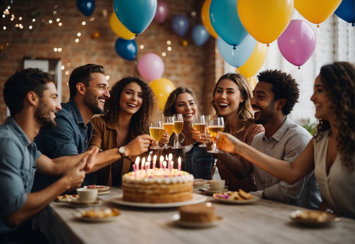 A group of friends gathered around a table filled with colorful decorations, balloons, and a birthday cake. They are laughing and toasting to celebrate the 25th birthday